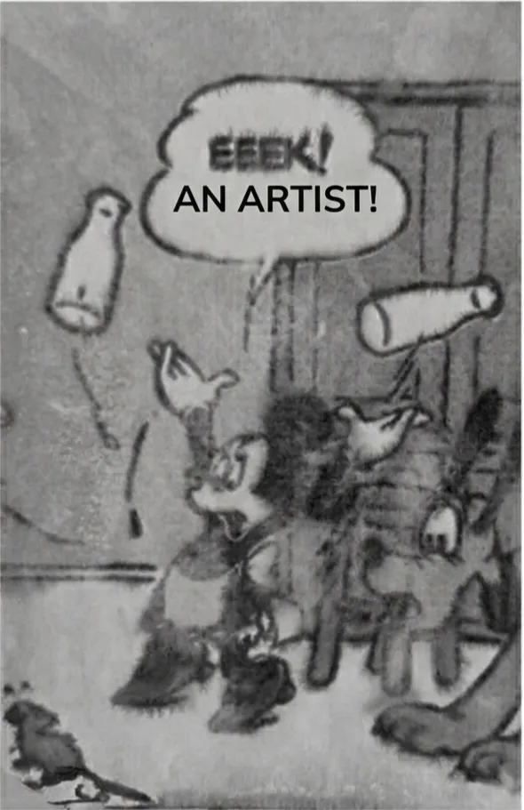 Vintage cartoon panel: a startled Minnie screams “Eeek! An artist!” at the sight of a rat